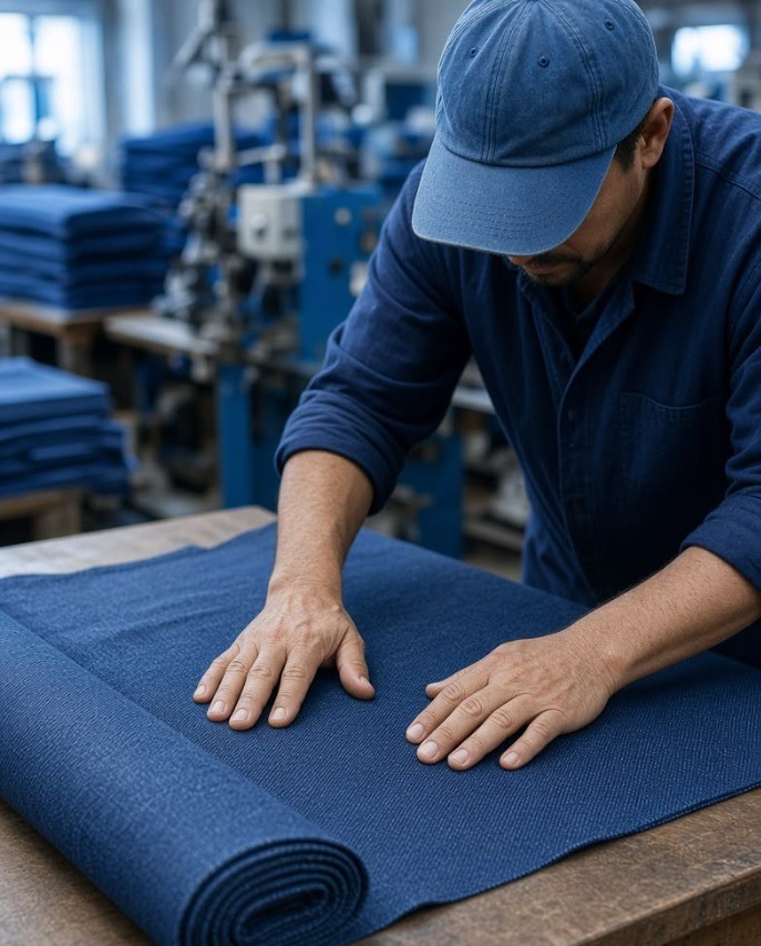 Operario trabajando con tela azul en taller de producción textil de D3 Soluciones